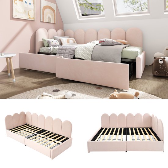 Sweiko Lit rembourré Lit simple Lit rangement avec tiroirs Canapé-lit en velours 90x200cm Lit jeune et lit adulte avec cadre plat en nouilles, Rose (sans matelas)