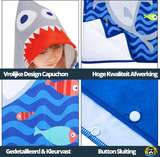 BoefieBoef Kinder Badponcho - Baby Badcape - Microfiber Kleuter Badjas Met Capuchon - Kerst Cadeau - Peuter Strandponcho Voor Kinderen tot 6 jaar - 60x90cm - Haai Blauw - jongens - meisje - Peuter - Zomer - Strandlaken - Surfponcho van Merkloos — afbeelding 4