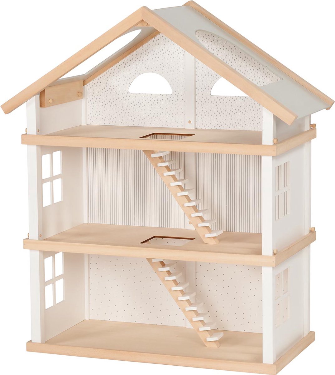 Poppenhuis: MODERN WONEN 65x35x87,5cm, lindehout fineer, 3 verdiepingen, 3+