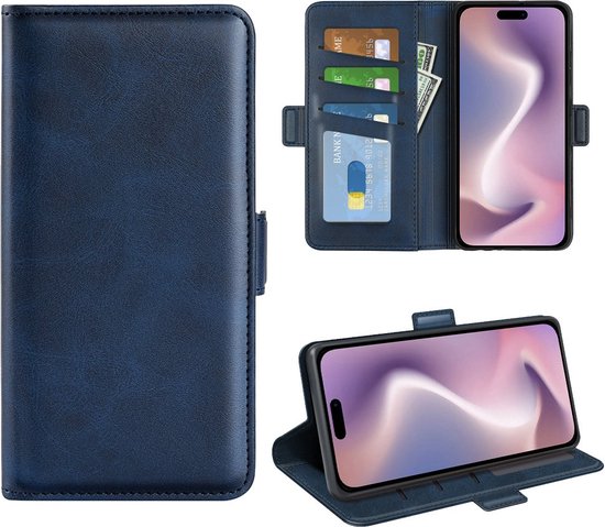 Mobiq - Étui portefeuille en cuir PU avec fermeture iPhone 16 Plus - bleu
