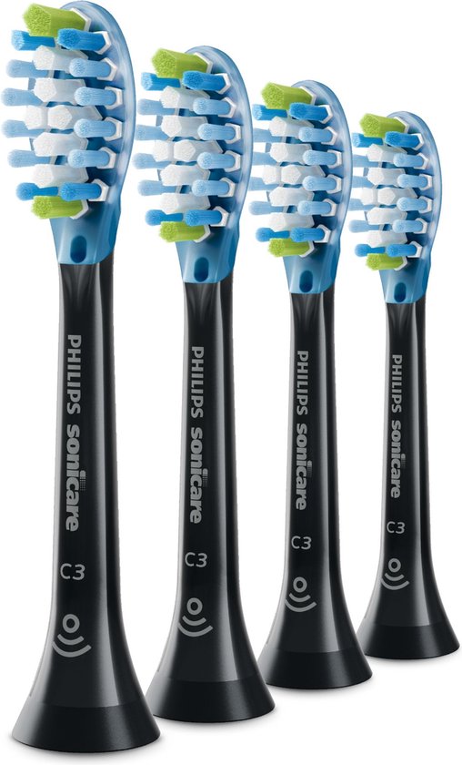 Vier zwarte Philips Sonicare C3 opzetborstels met blauwe, witte en groene borstelharen.