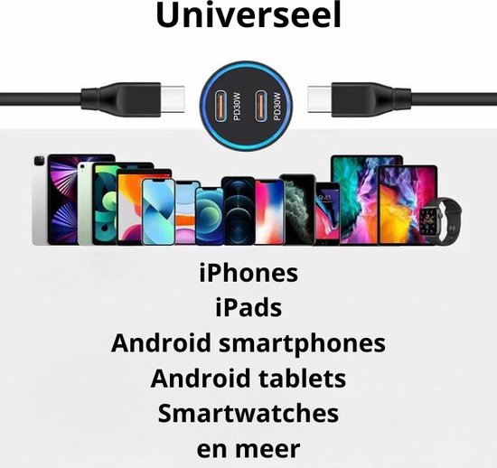 Chargeur de voiture Rolio 60W - 2x USB C - Chargeur rapide - Universel - Chargeur de voiture - Accessoires de voiture