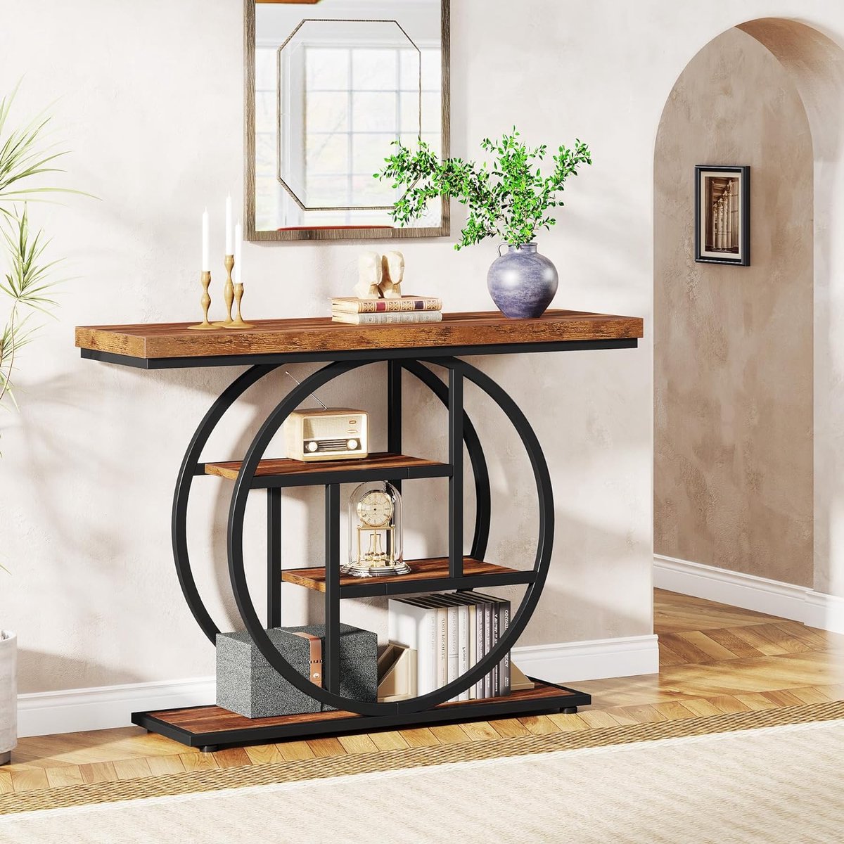 Tribesigns Industriële consoletafel, 140 cm, smalle lange bank, rustiek accent voor woonkamer, entree met geometrisch metalen frame, vintage grijs