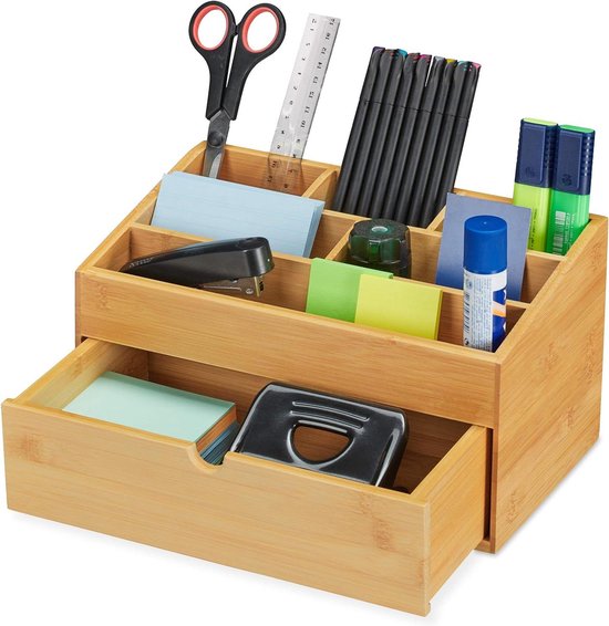 Relaxdays Bureau Organizer Met 3 Lades Bamboe Pennenbak Opbergsysteem Voor Kantoor 591601999