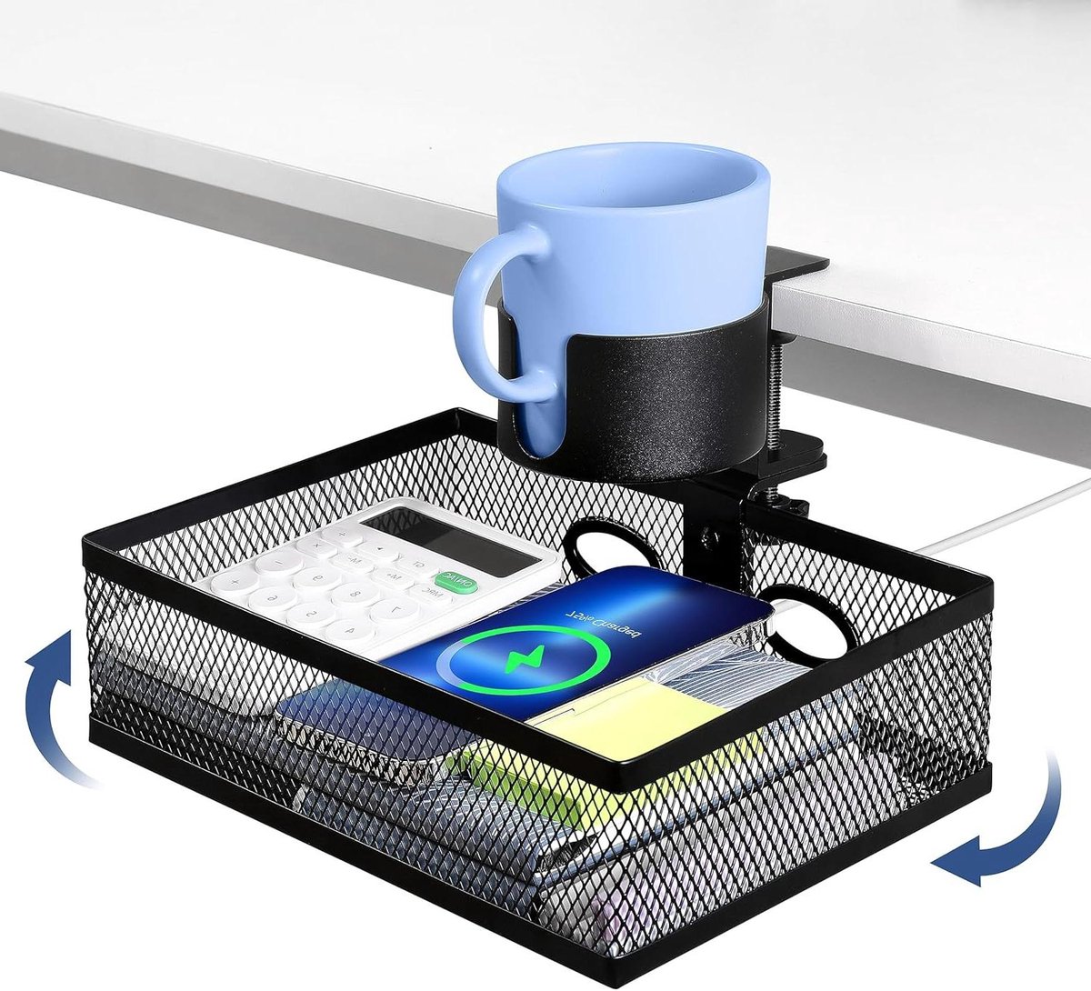 360 graden roterende onder bureaulade organizer - met bekerhouder en draadgaten - gaas metalen klem - opgeruimde bureau opslag - antislip - zonder boren