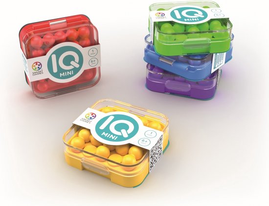 Toren van gestapelde IQ Mini spelletjes in rood, oranje, geel, groen, blauw en paars.