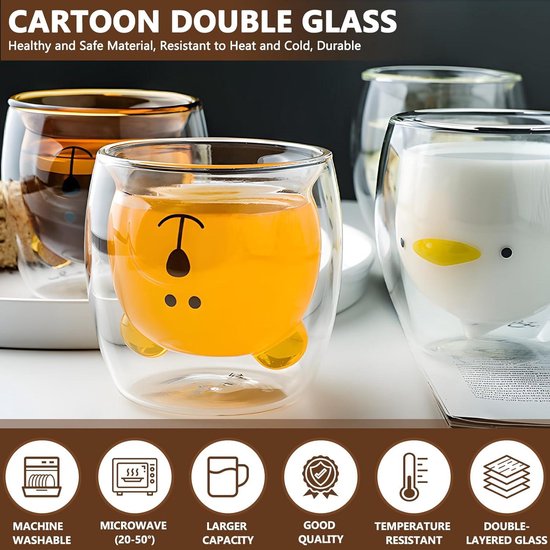 Dubbelwandige glazen mokken set van 4, schattige beer mokken dubbelwandige geïsoleerde glazen koffiemok dier thee melk kopjes cadeau voor Kerstmis Thanksgiving vrienden