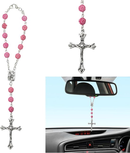 Foto: Rozenkrans achteruitkijkspiegel crucifix roze rozenbloemendesign auto cadeau gebedsketting binnenspiegel zonneklep talisman geluksbrenger auto spiegel hanger