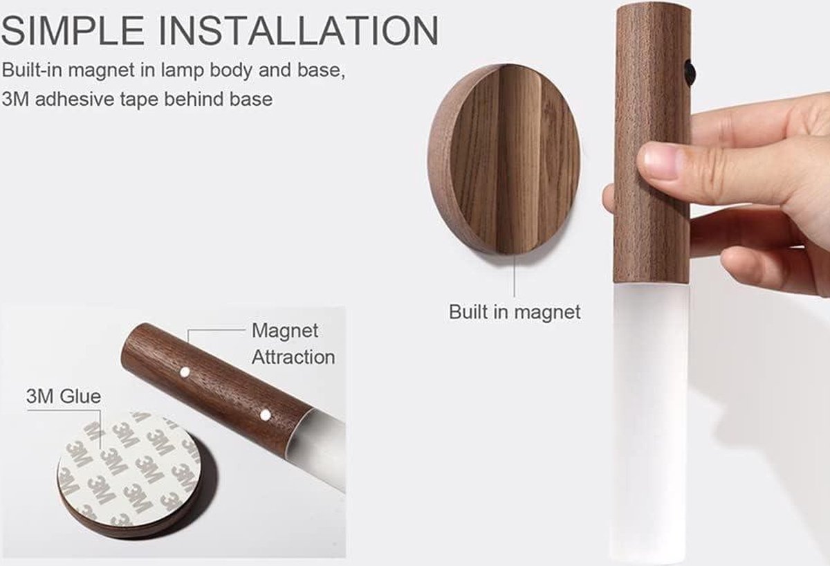 LED Sensor Wandlamp - Draagbaar - Oplaadbaar - Nachtlampje met Magnetische Basis - Indoor Gebruik - 1 Pack Walnoot Hout — cadeau in Wonen & Interieur - foto 6