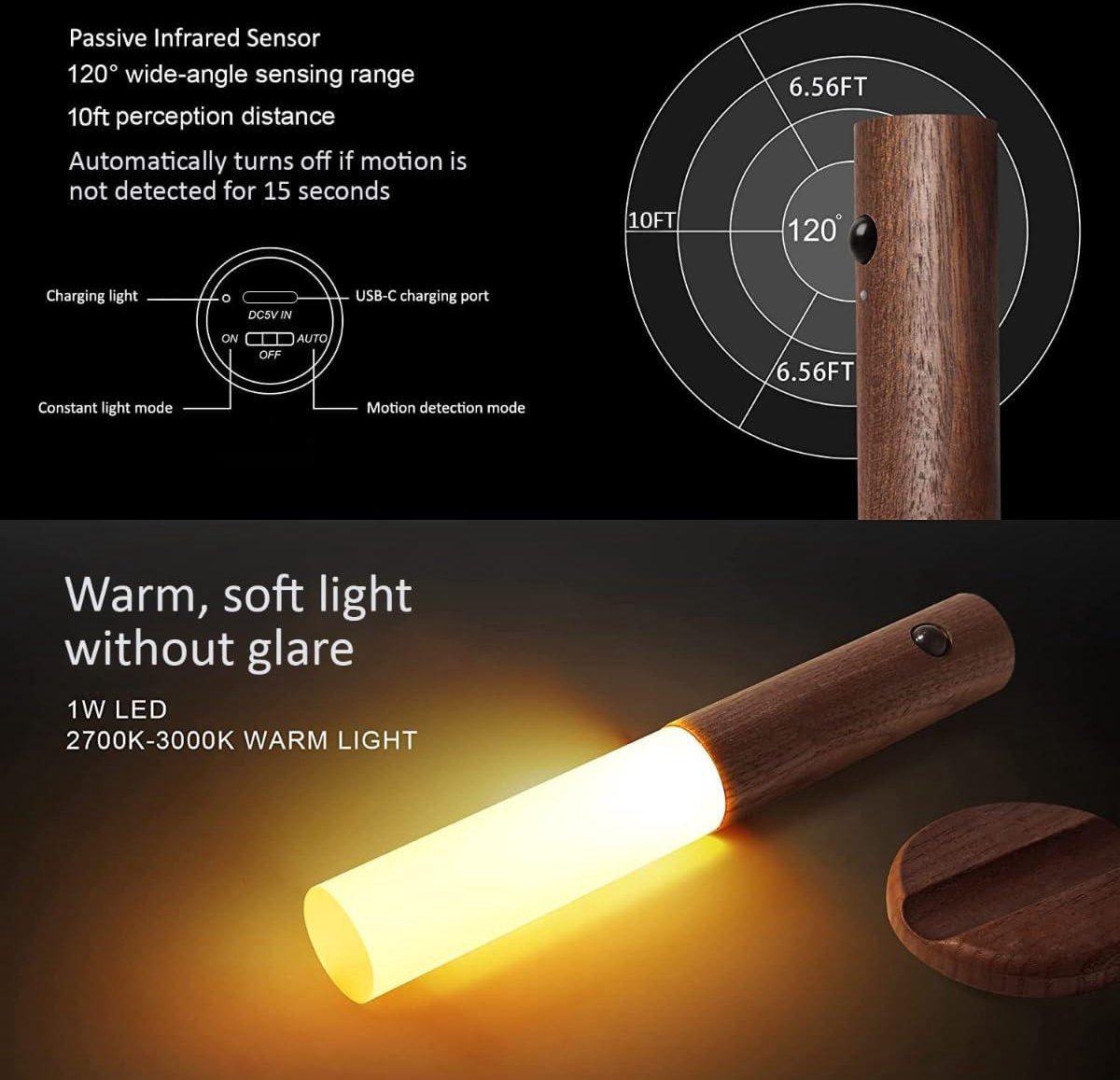 LED Sensor Wandlamp - Draagbaar - Oplaadbaar - Nachtlampje met Magnetische Basis - Indoor Gebruik - 1 Pack Walnoot Hout — cadeau in Wonen & Interieur - foto 5
