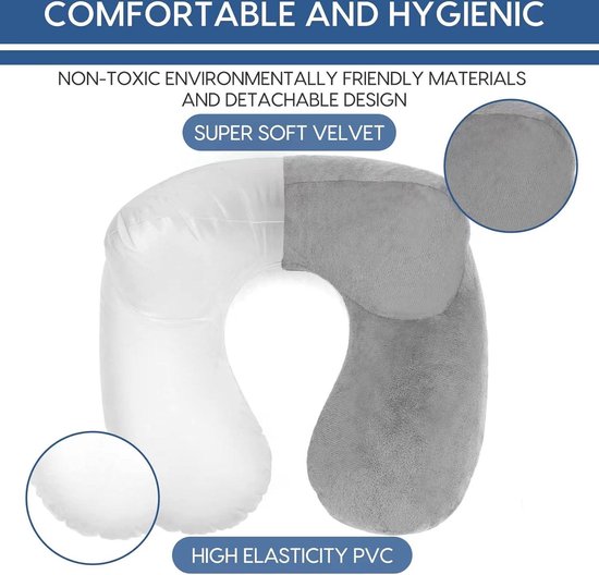 Oreiller de voyage Opblaasbaar - Oreiller d'avion portable en velours doux pour le soutien du cou - Comprend une housse lavable Oreiller de cou Avion