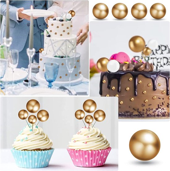 LIVESTN Taartdecoratie gouden ballen, 50 stuks schuimballen, cakepicks