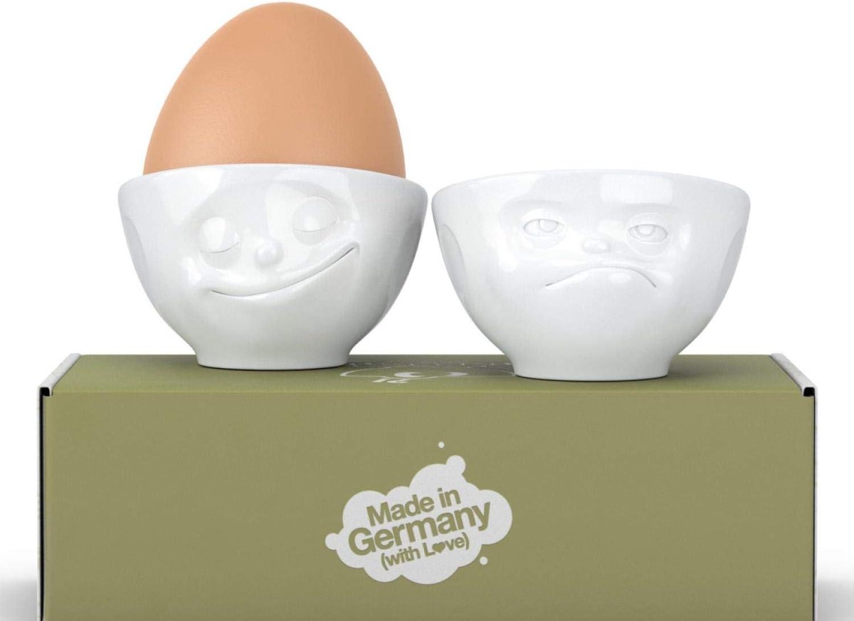 Eierdopjes - Set nr. 3 "Glücklich & HMPFF" - Porselein wit Made in Germany
