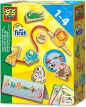 SES - My First - Houten kralen rijgen - met rijgkoord en dieren kralen - inclusief voorbeeldkaarten