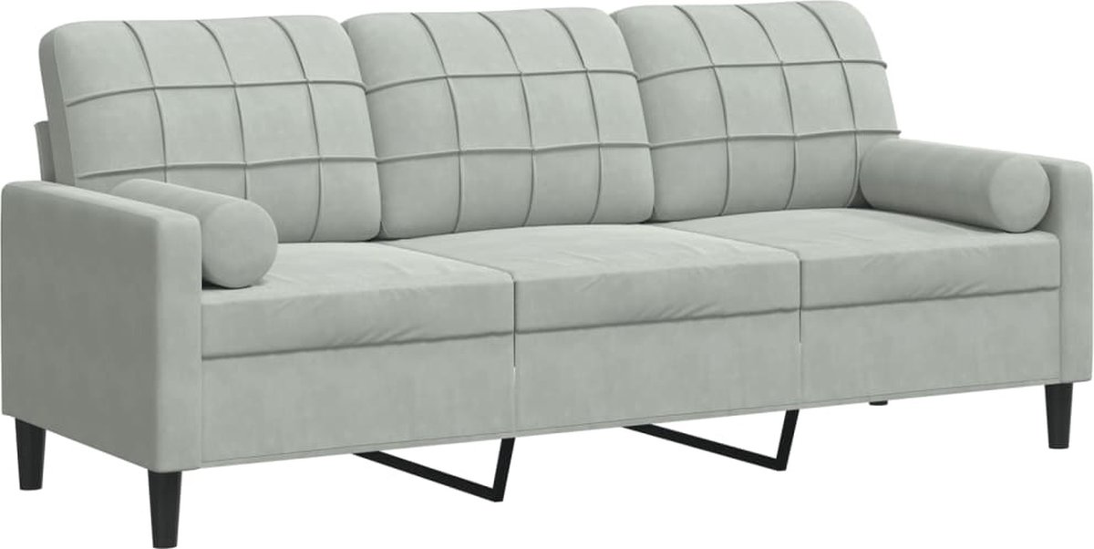vidaXL Driezitsbank - met - sierkussens - 180 - cm - fluweel - lichtgrijs