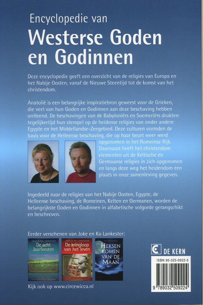 Achterkant boek: Encyclopedie van Westerse Goden en Godinnen. Bevat informatie over religies van Europa en het Nabije Oosten.