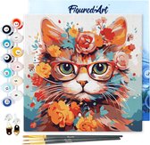 Chat fantaisie et fleurs - 20x20 cm La toile est déjà encadrée