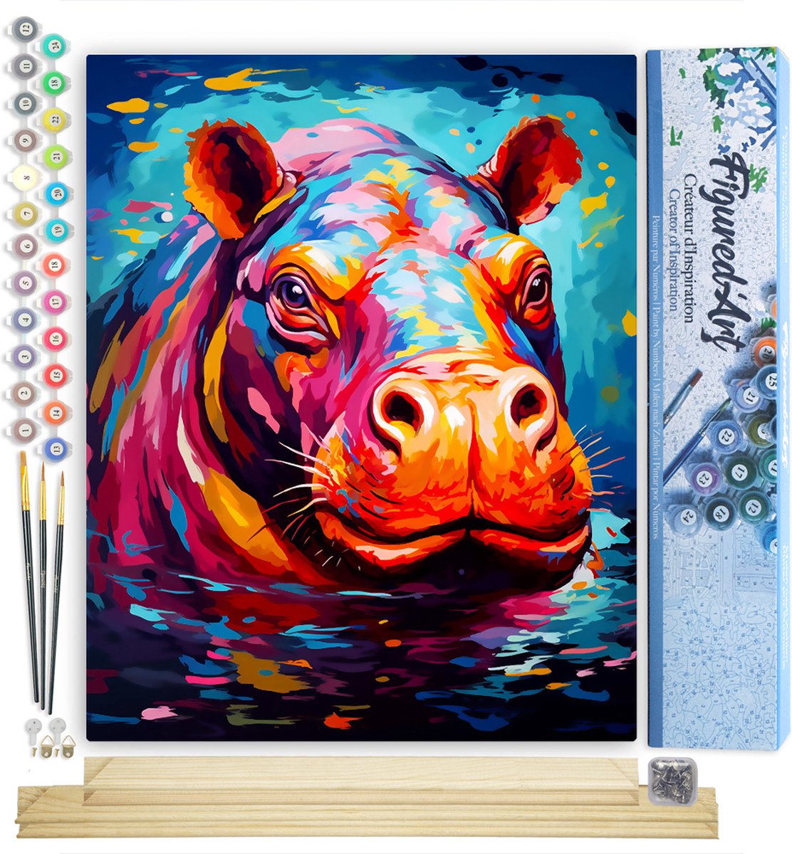 Figured'Art Schilderen op Nummer Volwassenen canvas Kleurrijke Abstracte Nijlpaard- Handwerk acrylverf Kit DIY Compleet - 40x50cm met DIY houten lijst