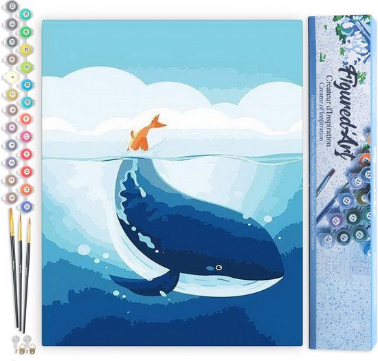 Figured'Art schilderen op nummer set met walvis-canvas, 24 potjes verf, penselen en ophangmateriaal.