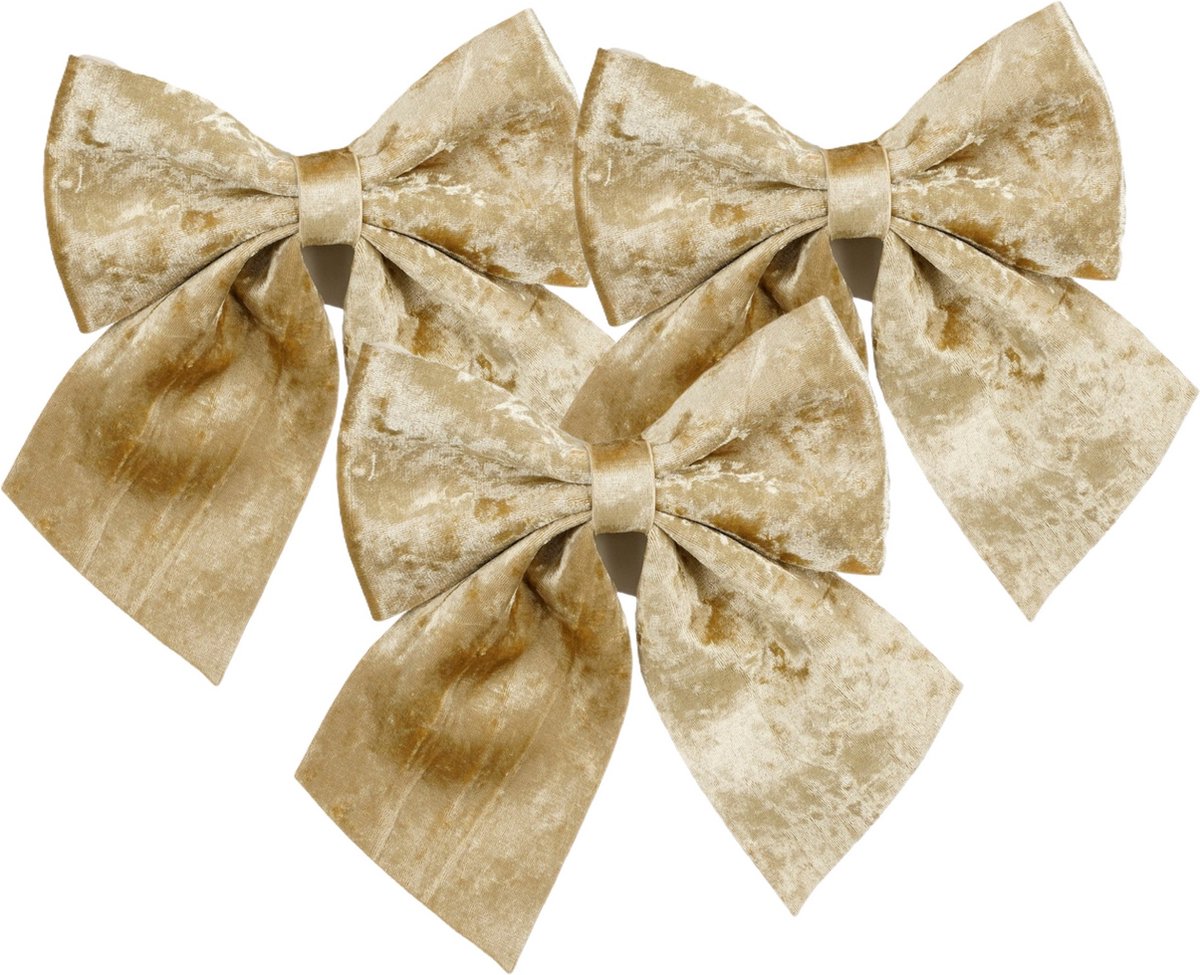 House of Seasons Kerst strik ornamenten - 3x - champagne - 20 x 24 cm - polyester fluweel - kerststrik