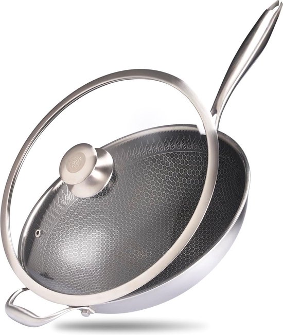 32Cm Keuken Wok Anti-aanbak Pan Roestvrij Staal Wok Honingraat Anti-aanbak Bodem Keuken Kookgerei Koekenpan met (A, 32Cm), Kookgerei (A 32cm) (A 32cm