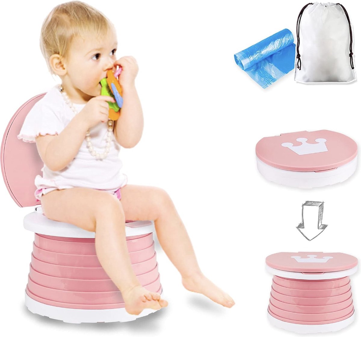 Goedkoopste Kindertoiletbril, opvouwbare commode voor babytraining, binnen, buiten, reizen, potje met reistas (roze