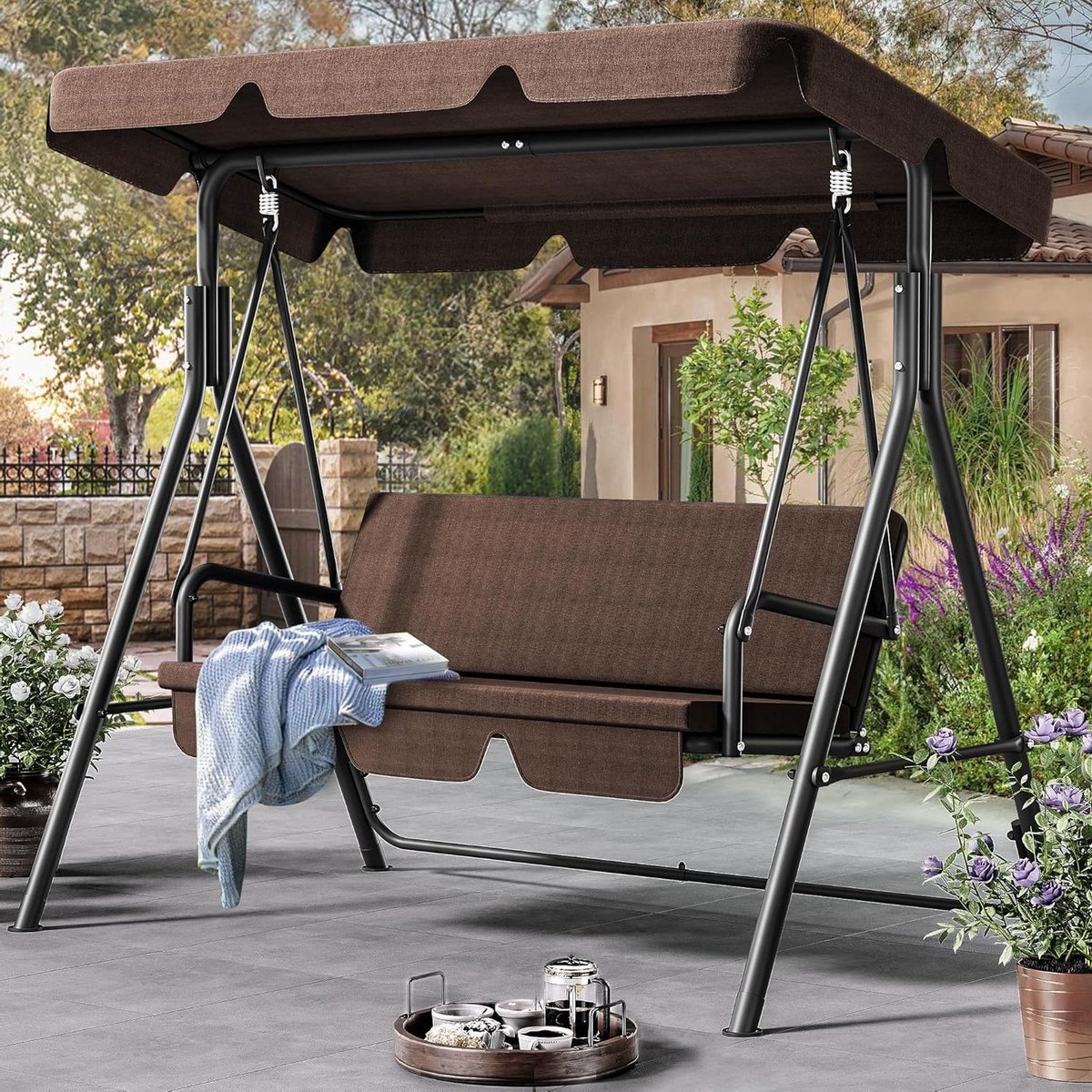 Schommelbank 3 person Canopy schommelstoel 3-zits tuinstoel verstelbare luifel afneembaar kussen terras zwembad 270 kg laadbaar 170 x 110 x 153 cm bruin Schommelbank 3 person