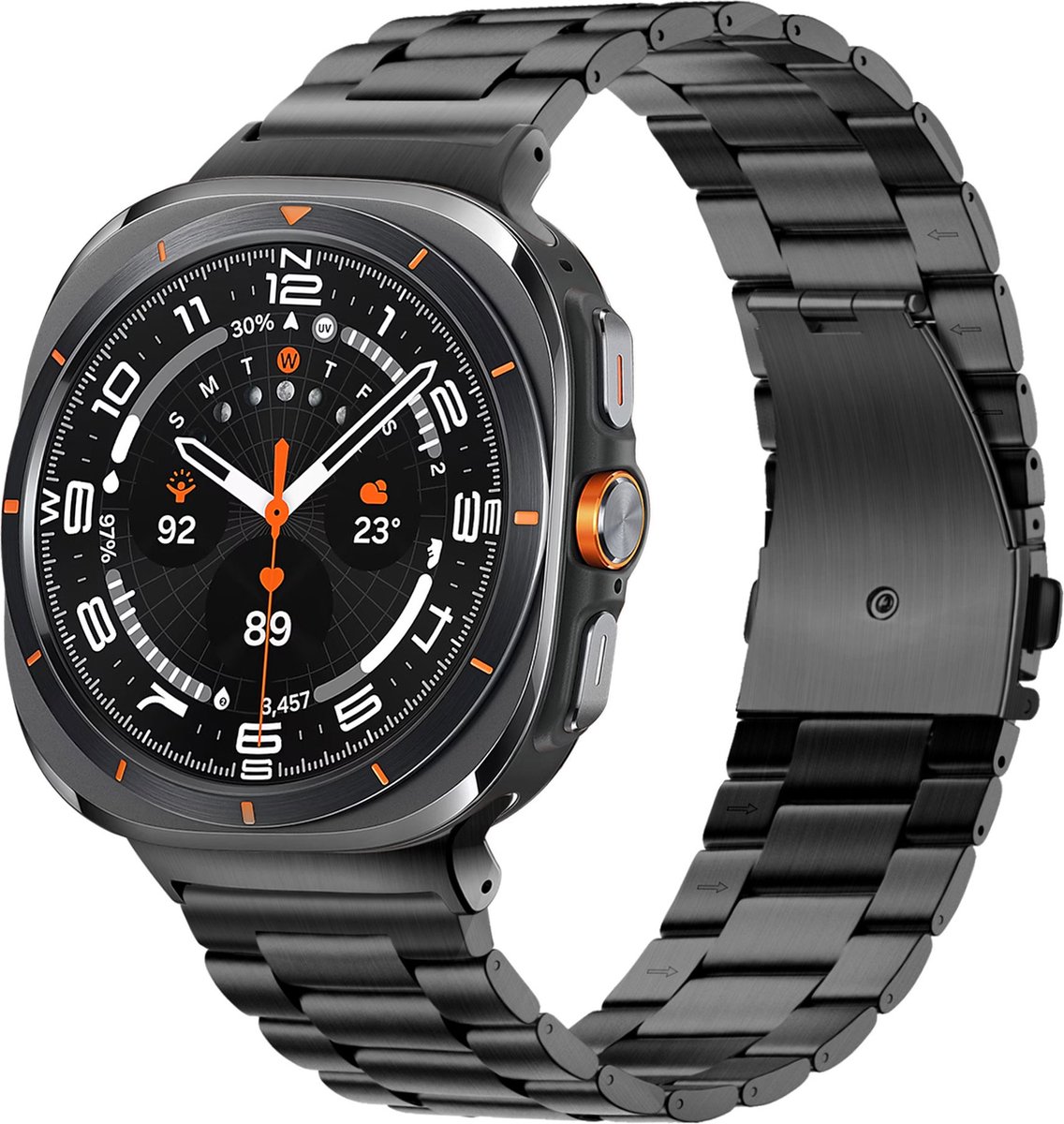 Bandz Stalen schakel band 'Classic' met vlindersluiting - geschikt voor Samsung Galaxy Watch Ultra / Ultra 2025 - inclusief horloge inkort set (zwart)