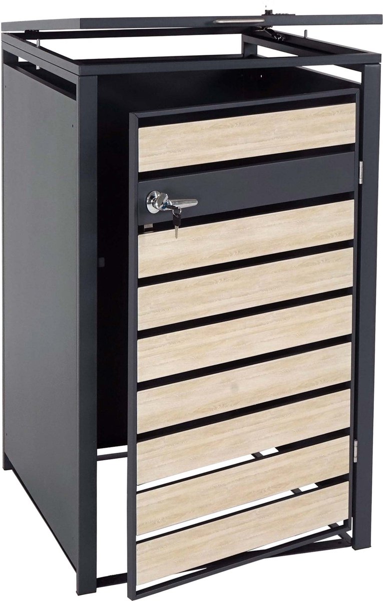 Containerberging met deksel, MCW-J81, Kliko ombouw, Containerombouw, afvalbak, metaal 32kg, antraciet ~ beukenhout look lichtbruin
