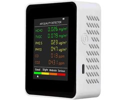 Kooldioxidedetector - 6-in-1 PM2.5 PM10 HCHO TVOC CO CO2 multifunctionele luchtkwaliteitdetector - CO Kooldioxide Formaldehyde LCD-scherm - Groot display - Draagbaar - Thuiskantoor Hotelkantoortester - Wit