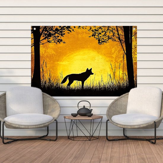 Wolf silhouet met zonsondergang - Wolf tuindecoratie - Tuinwanddecoratie dieren - Silhouet - Muurdecoratie buiten - Poster voor buitengebruik - tuinposter 75x50 cm