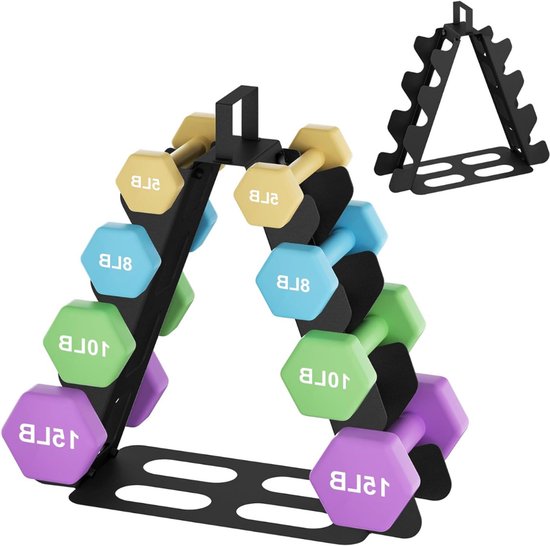 Zwart dumbbellrek met paarse, groene, lichtblauwe en gele dumbbells. Een zwart rek zonder dumbbells erachter.