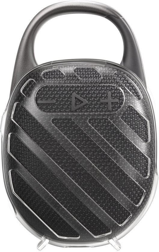Zwarte speaker met transparante beschermhoes met ribbels, met handvat bovenaan.