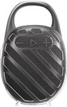 Zwarte speaker met transparante beschermhoes met ribbels, met handvat bovenaan.