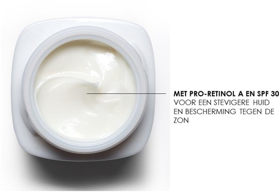 Bovenaanzicht van een open pot L'Oréal Revitalift crème met de tekst "Met Pro-Retinol A en SPF 30."