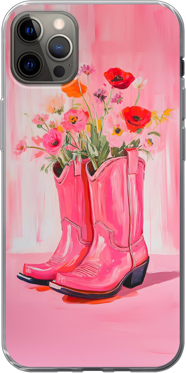 Telefoonhoesje Geschikt voor iPhone 13 Pro Max hoesje - Roze - Bloemen - Cowboy - Siliconen Telefoonhoesje Telefoonhoesje