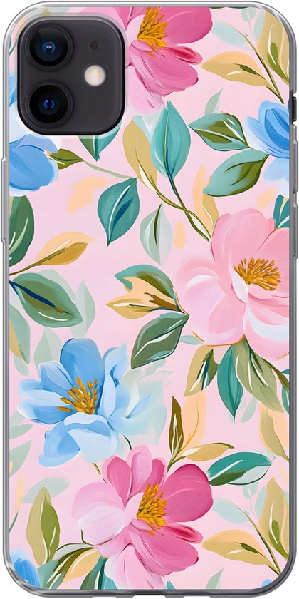 Coque de téléphone compatible avec iPhone 12 mini - Blauw - Rose - Fleurs - Coque en Siliconen