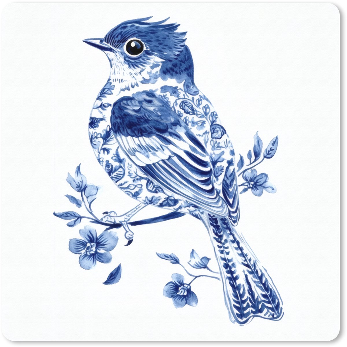 Muismat XXL 50x50 cm - Bureau onderlegger - Bureau mat Vogel - Delfts blauw - Illustratie - Bloemen - Bureaumat - Gaming mousepad xl - Bureaulegger groot - Computer deskmat