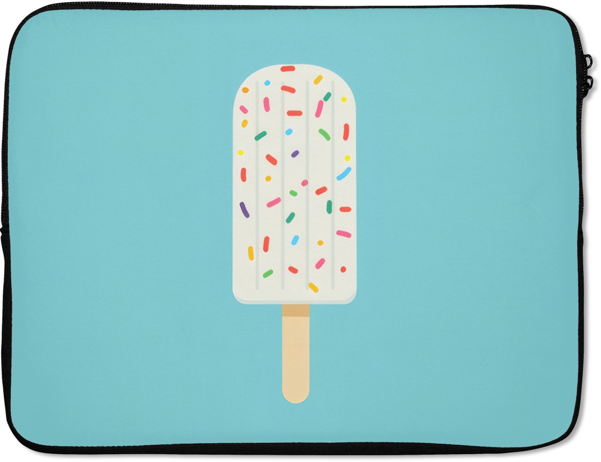 Laptophoes 17 inch - Ijsje - Stokje - Sprinkles - Lichtblauw - Laptop sleeve - Binnenmaat 41x28 cm - Zwarte achterkant