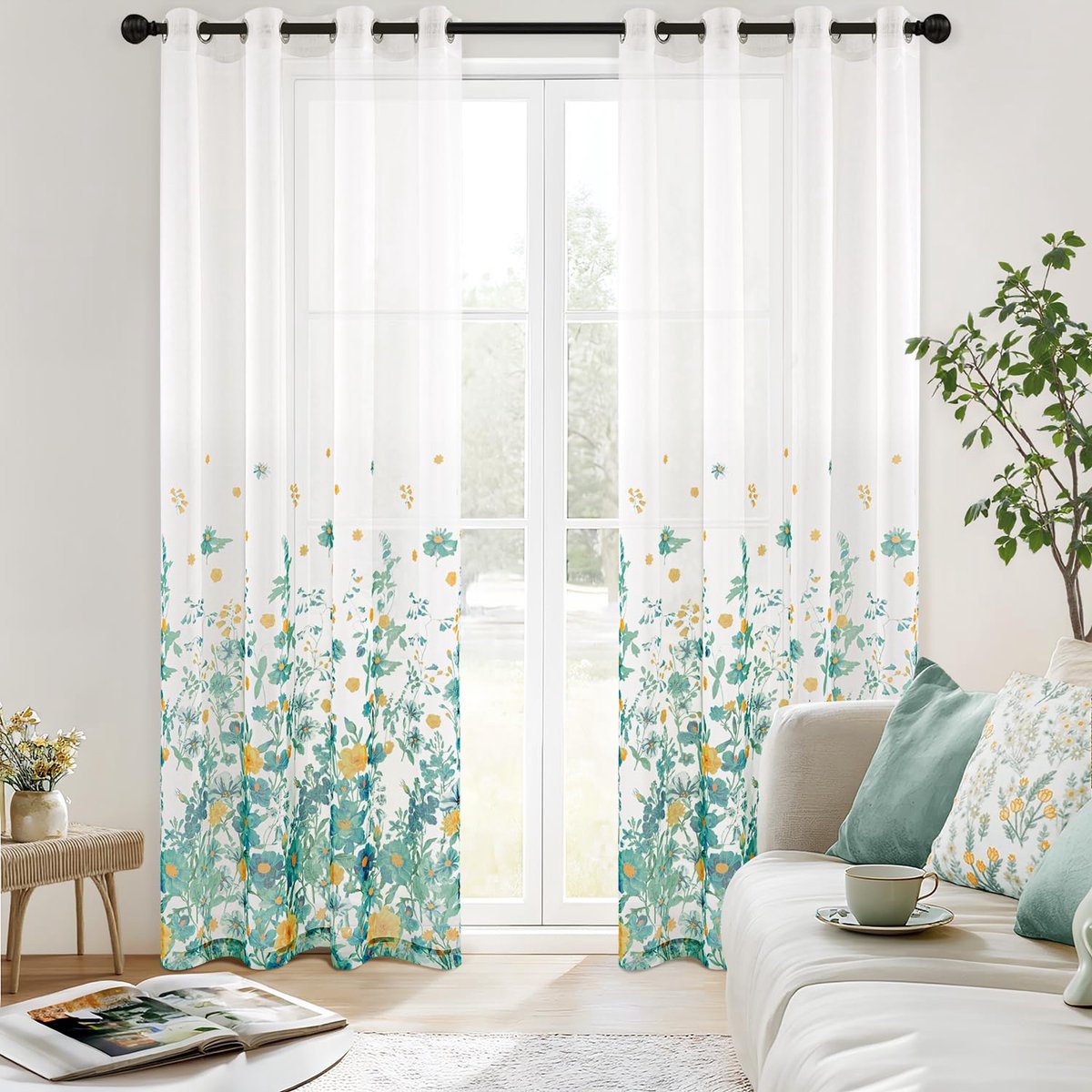 Ibenzoa Transparante Vitrage Gordijnen met Bloemenpatroon en Ingestanste Ringen - Set van 2, 140x260 cm turkoois