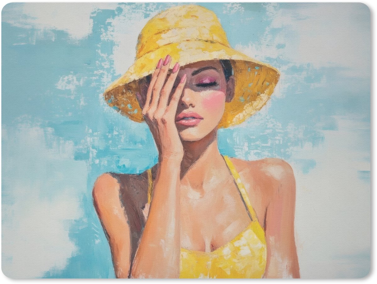 Muismat 23x19 cm - Mousepad Schilderij - Vrouw - Hoed - Geel - Muismatten