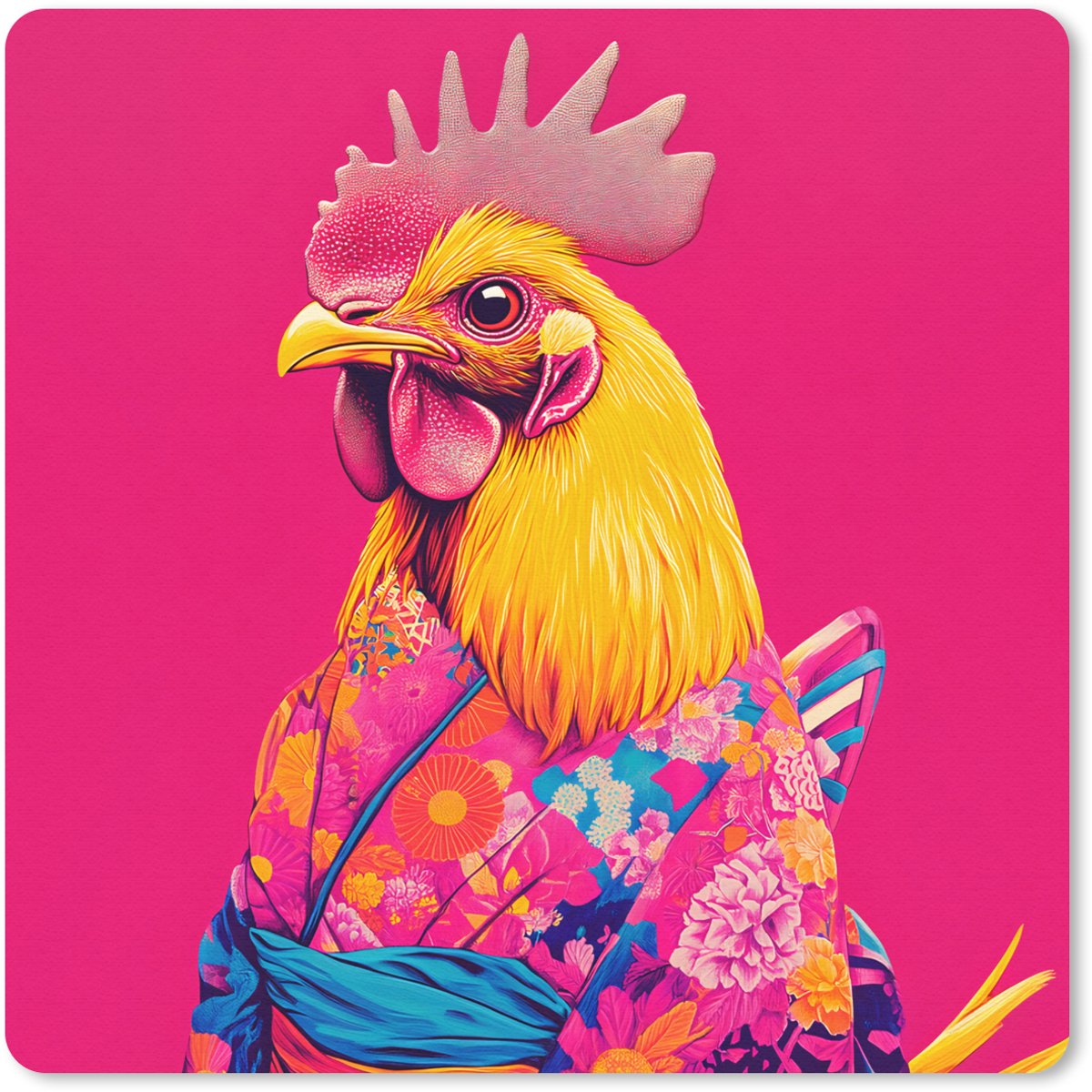 Muismat 20x20 cm - Mousepad Haan - Kleurrijk - Kimono - Roze - Muismatten