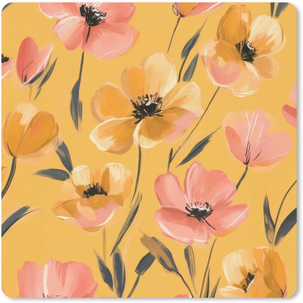 Muismat 20x20 cm - Mousepad Bloemen - Geschilderd - Geel - Muismatten
