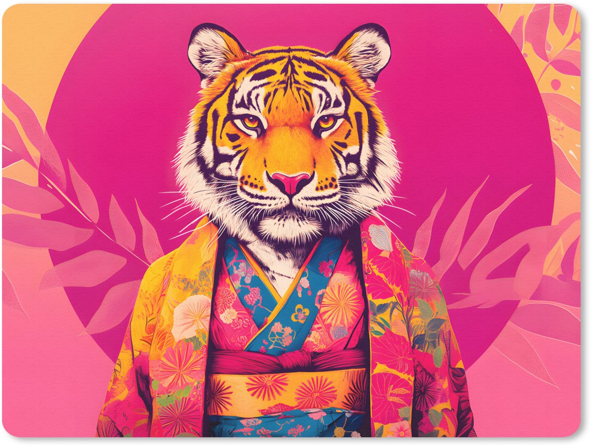 Muismat 23x19 cm - Mousepad Tijger - Kimono - Planten - Roze - Muismatten