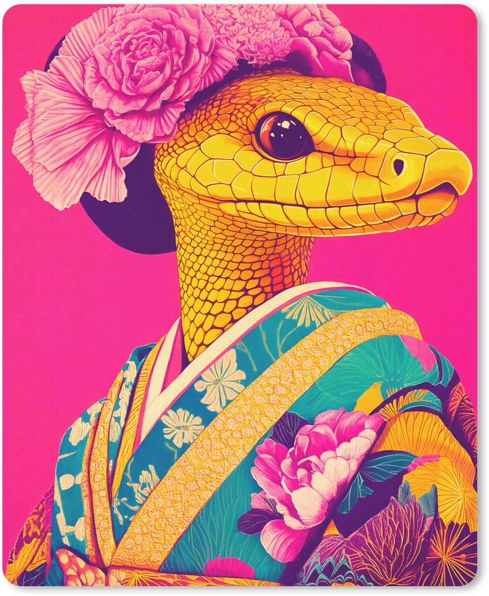 Muismat 19x23 cm - Mousepad Hagedis - Bloemen - Roze - Kimono - Muismatten