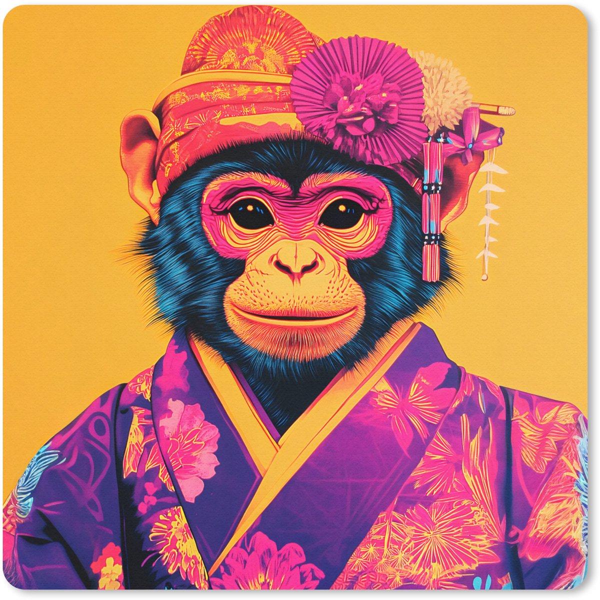 Muismat 20x20 cm - Mousepad Aap - Kimono - Bloemen - Hoofdtooi - Muismatten