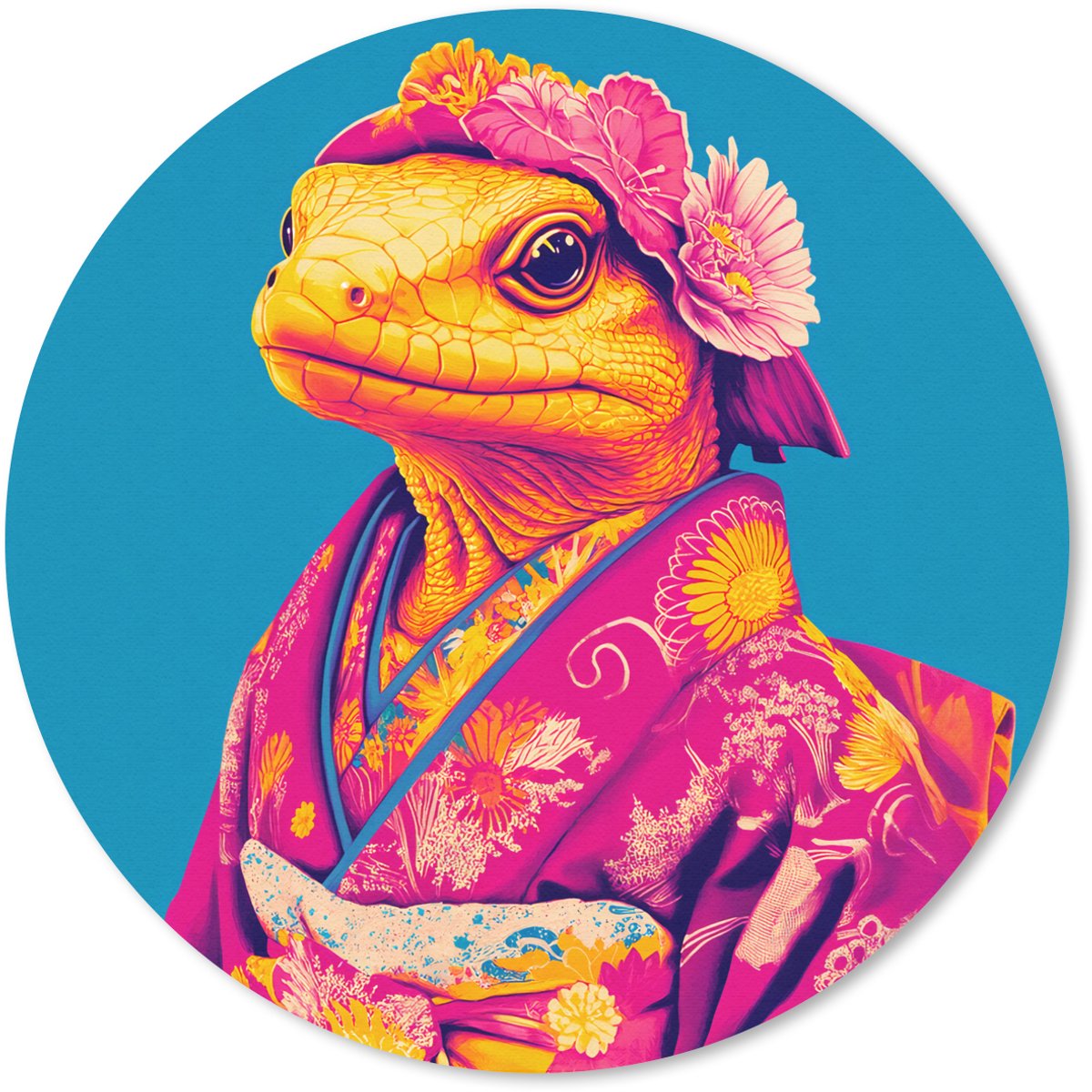 Muismat rond 30x30 cm - Mousepad Bloemenkrans - Hagedis - Kimono - Paars - Ronde muismatten