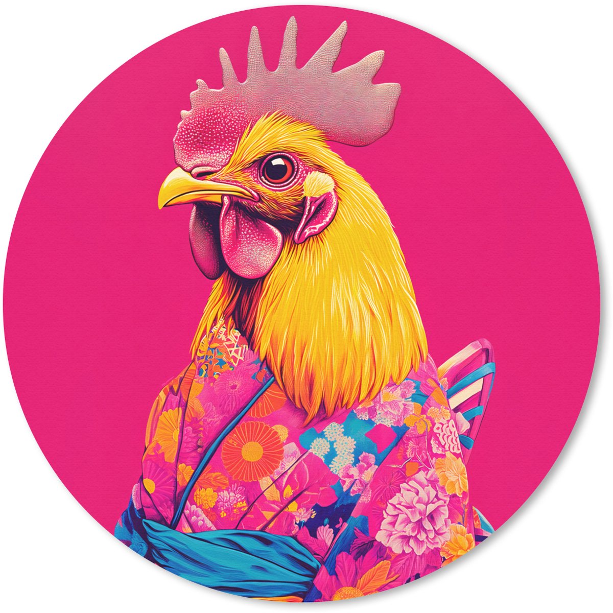 Muismat rond 20x20 cm - Mousepad Haan - Kleurrijk - Kimono - Roze - Ronde muismatten