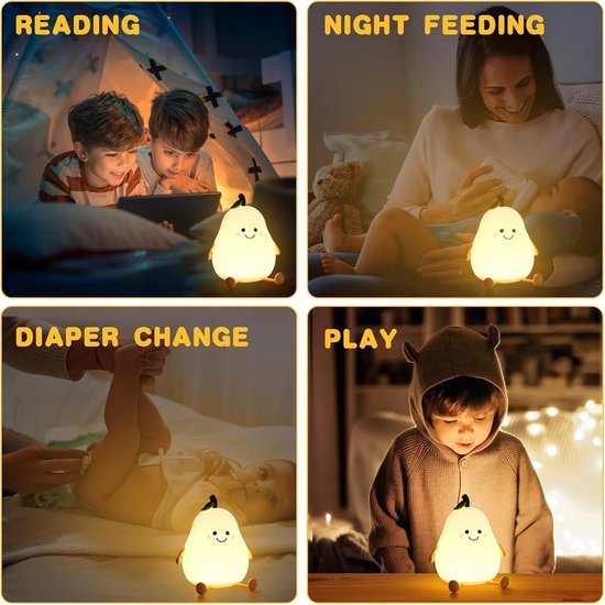 Kinder Nachtlamp - 7 Kleuren Peervormig Siliconen Nachtlamp - Aanraakbediening- USB oplaad en Timingfunctie - Voor Kinder & tafellamp slaapkamer van Merkloos — afbeelding 4