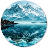 Reflectie van sneeuwbergen in meer - Bergen wanddecoratie rond - Wandschaal reflectie - Hyperrealisme - Metalen wandkunst rond - Schilderijen - muurcirkel aluminium 60x60 cm